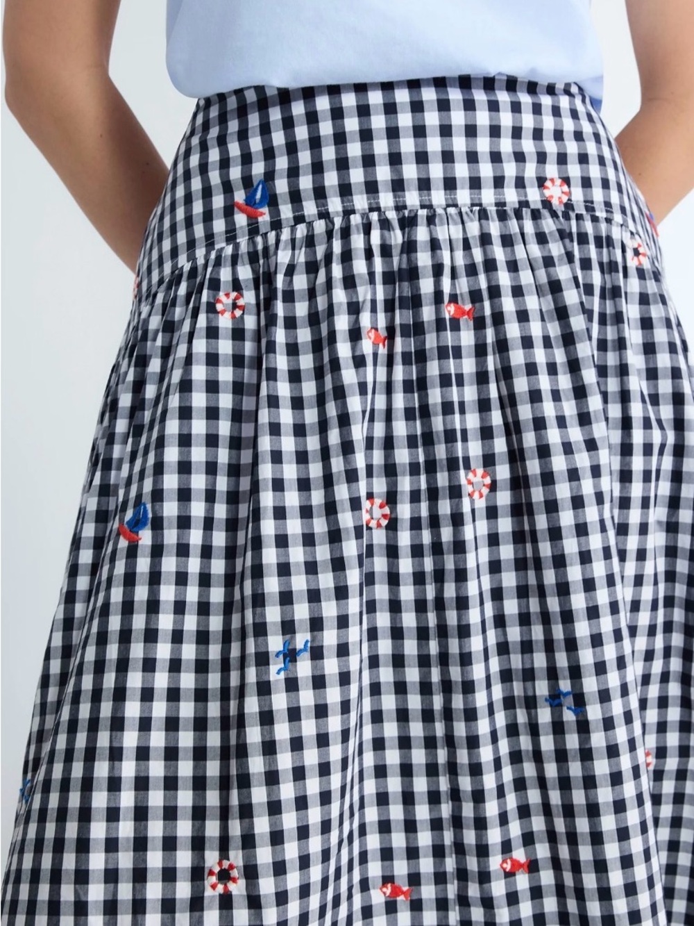 Gingham Midi Skirt with Star Embroidery in Black & White - Picture 2 of 8